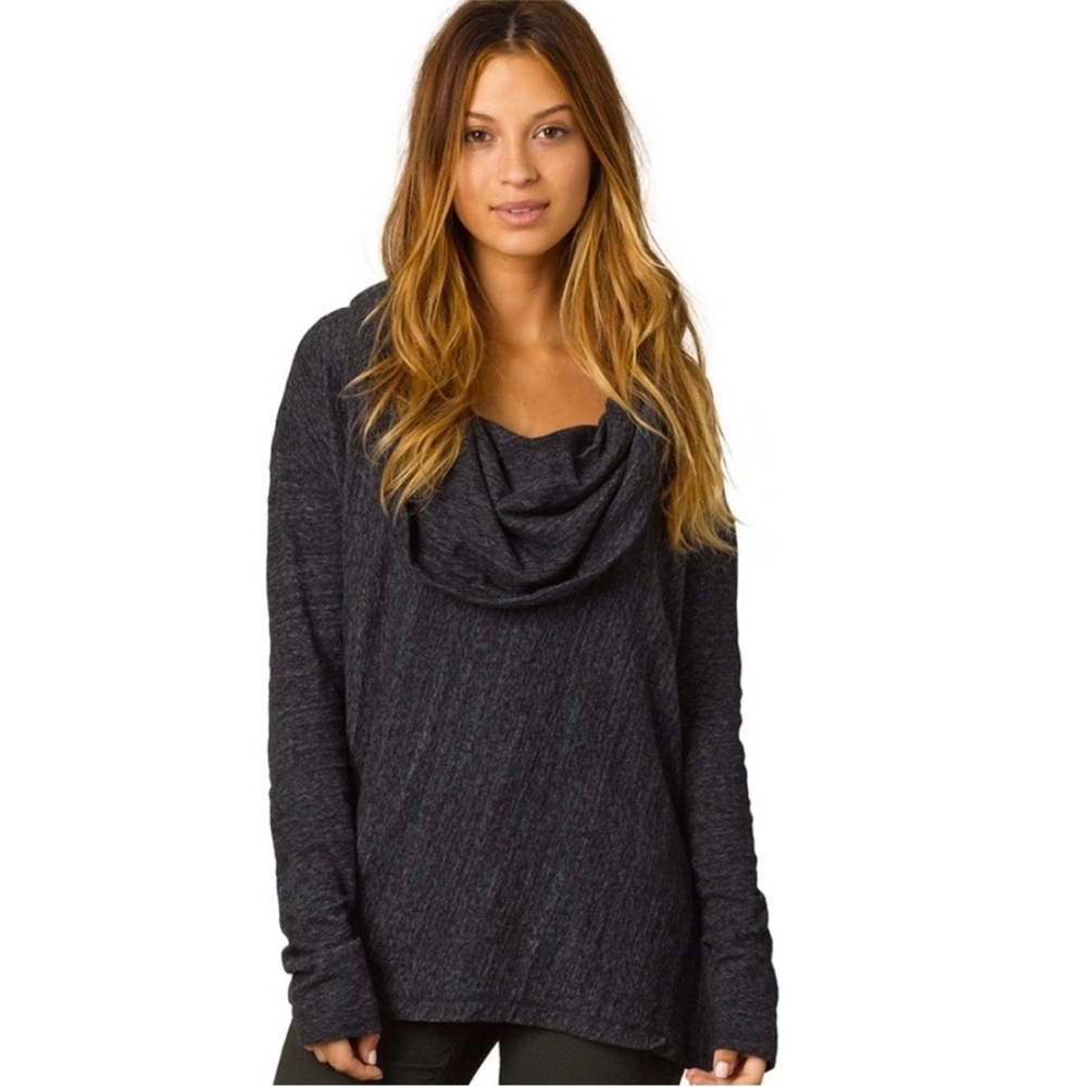Prana Ginger Cowl Neck Sweater knit top charcoal gray‎ neutral asymmetric large